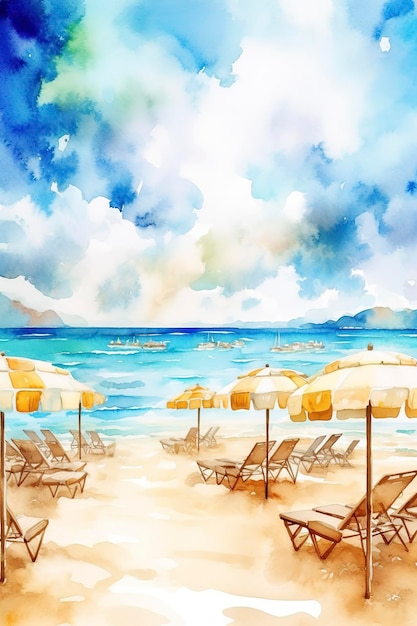 Schöne Strandbanner Weiße Sandstühle und Regenschirm Reisen Tourismus breites Panorama Hintergrundkonzept Erstaunliches Strand Aquarell Landschaft Aquarell Malerei erzeugen ai