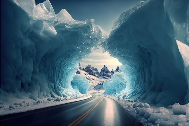 Schöne Straße durch blaues Eis in Gletscherlandschaft als Reisekonzept