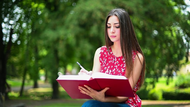 Schöne Studentin, die ein Buch auf einer Bank in einem Park liest