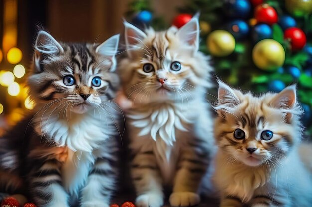 Schöne süße Kätzchen mit Weihnachtsgeschenken in einem festlichen Interieur