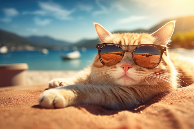 Schöne süße lustige Katze mit Sonnenbrille an einem Sandstrand, extreme Nahaufnahme, generative KI