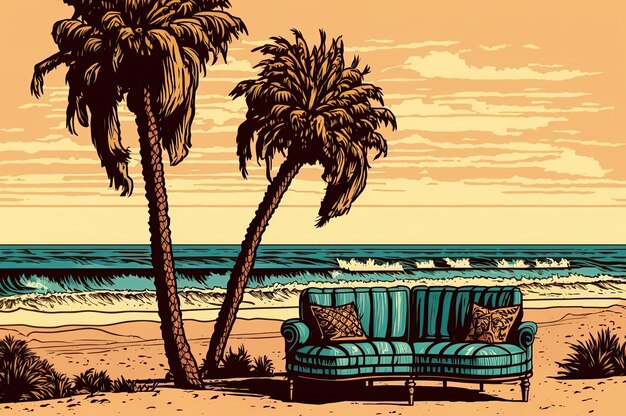 schöne Szene mit Strandstühlen und einem Palmenbaum an einem warmen Sommertag