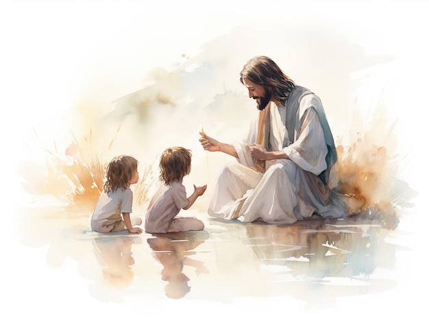 Schöne Szene von Jesus Christus und ein Feld von Kindern, die zuhören farbenfrohe Illustration Hintergrund
