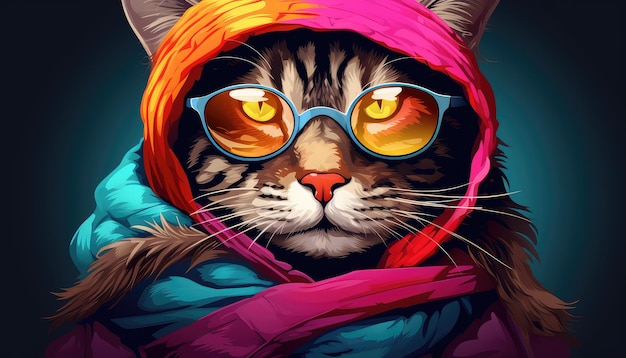 Schöne Tabby-Katze mit buntem Schal Mode