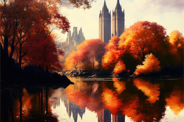 Schöne Tapete Central Park im Herbst in hoher Auflösung Ästhetik 8k See Aussicht Park ein Stück Natur mitten in der Stadt frische Luft Spaziergänge Entspannung Architektur AI