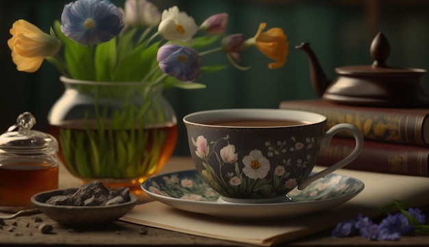 Schöne Tasse Tee auf einem Holztisch mit Frühlingsblumen Generative AI