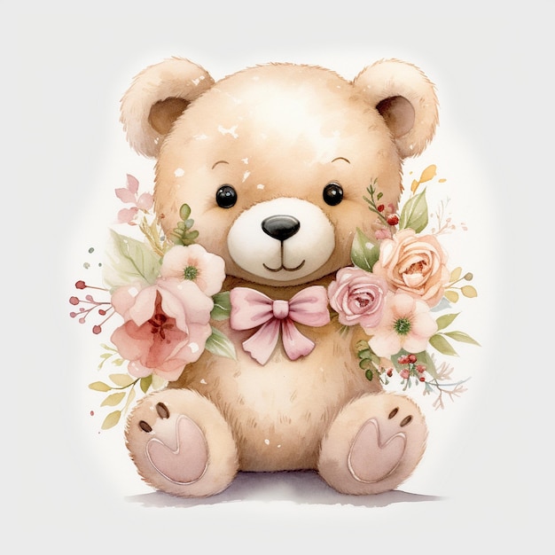 Schöne Teddybären Aquarelle Sommerblumen