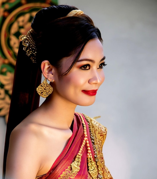 Schöne thailändische Frau, die thailändisches Kleid trägt