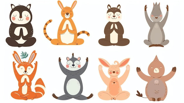 Schöne Tiere üben Yoga in verschiedenen Posen