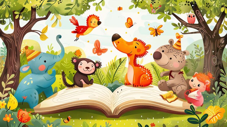Foto schöne tierfiguren lesen ein buch im wald, der elefant, der affen, der dinosaurier, der bär und das mädchen sitzen alle auf dem buch.