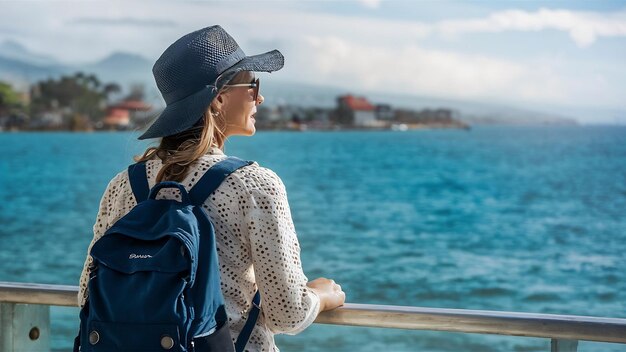 Schöne Touristin, die mit Kopierraum wegsieht