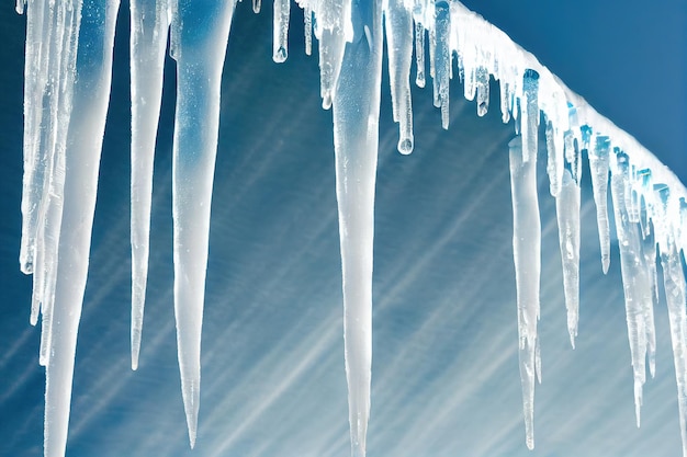 Foto schöne transparente eiszapfen am haus auf blauem hintergrund mit sonnenstrahlen