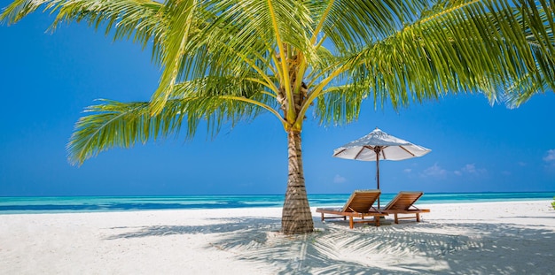 Schöne tropische Insel Urlaub zwei Sonnenliegen Liegestühle Regenschirm Palme Sea Sand Sky Beach