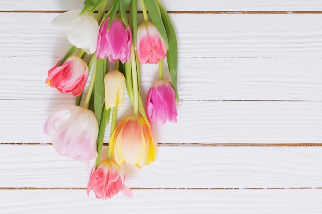 Schöne Tulpen auf weißem hölzernem Hintergrund