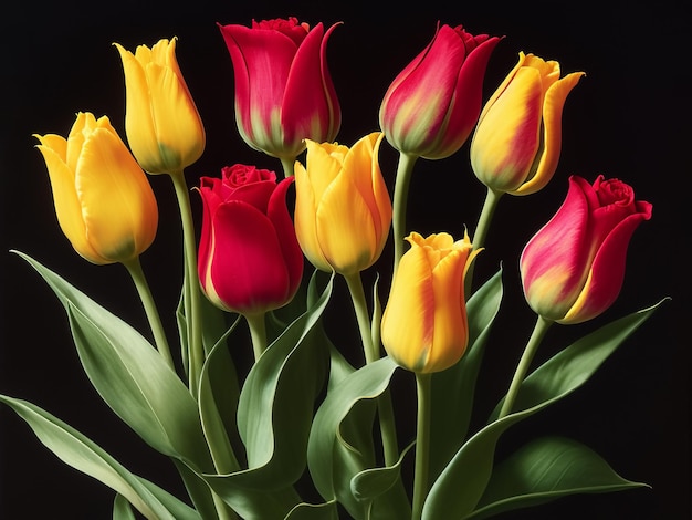 Schöne Tulpenblumen auf schwarzem Hintergrund Generative AI