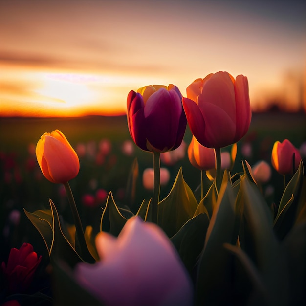 Schöne Tulpenblumen in der Rasenfläche mit generativem ai des Sonnenunterganghintergrundes