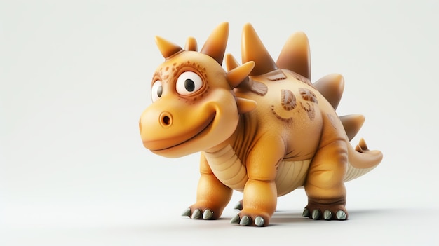Schöne und bunte 3D-Illustration eines Baby-Stegosaurus-Dinosauriers Es hat große Augen, ein freundliches Lächeln und einen gelben Körper mit braunen und grünen Details