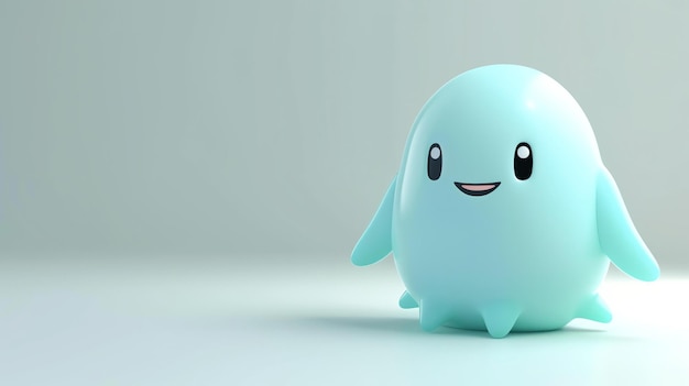 Schöne und einfache 3D-Cartoonfigur Die Figur ist ein blauer Blob mit einem glücklichen Gesicht Es hat zwei Arme und zwei Beine und steht auf einer weißen Oberfläche