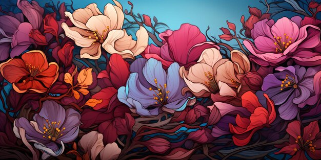 Schöne und elegante Blumen blühen im Art Nouveau-Stil Blumenillustration Generative KI