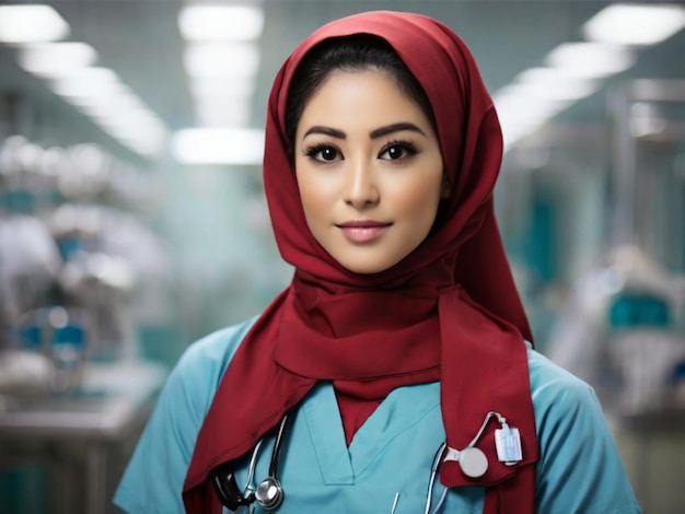 Foto schöne und engagierte chinesische krankenschwester trägt einen hijab, während sie sorgfältig medizinische instrumente vorbereitet