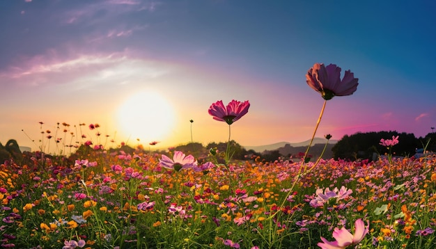 Schöne und erstaunliche Kosmosblumenfeldlandschaft im Sonnenuntergang