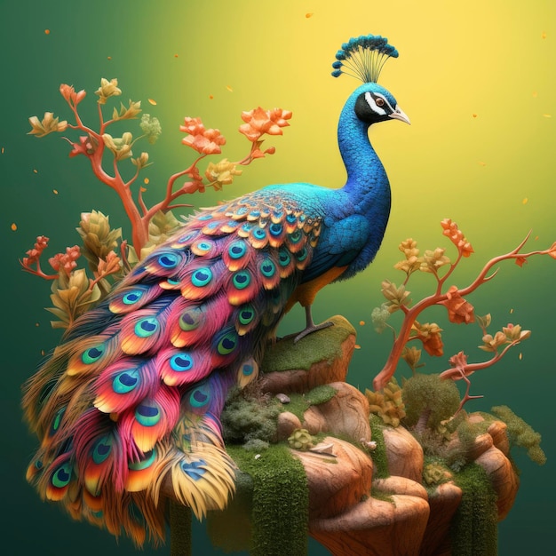 Schöne und farbenfrohe Pfauen-3D-Darstellung