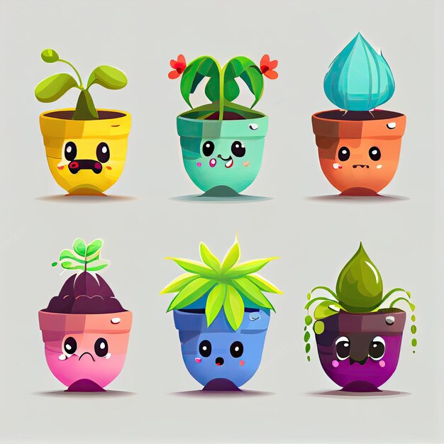 Schöne und farbenfrohe Pflanzenfiguren, die verschiedene Gefühle in isolierten Zeichentrickflaschen zeigen