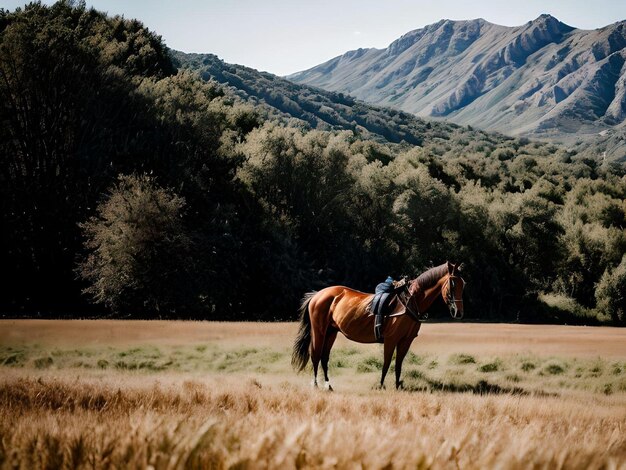 Schöne und friedliche Landschaft mit einem Pferd auf der Wiese und Tälern mit Wald