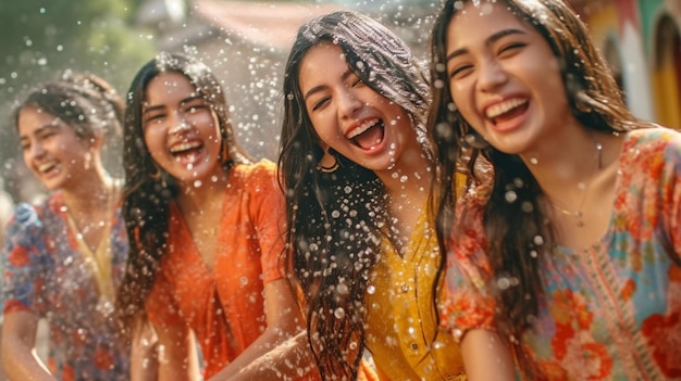 Schöne und fröhliche junge Frau Während der jährlichen Wasser-Songkran-Feier in Thailand nutzt eine asiatische Frau generative KI, um Wasser zu versprühen