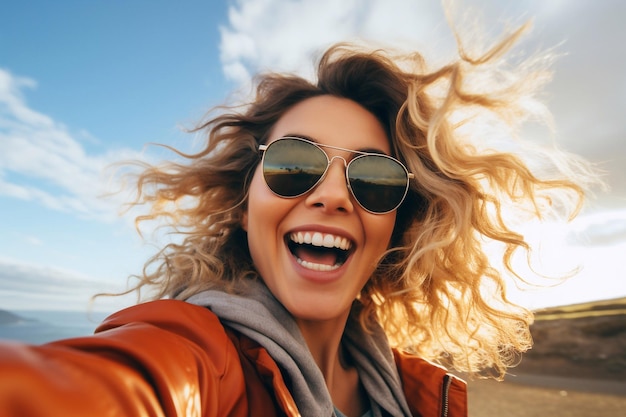 Schöne und glückliche Frau macht ein Selfie gegen den Himmel