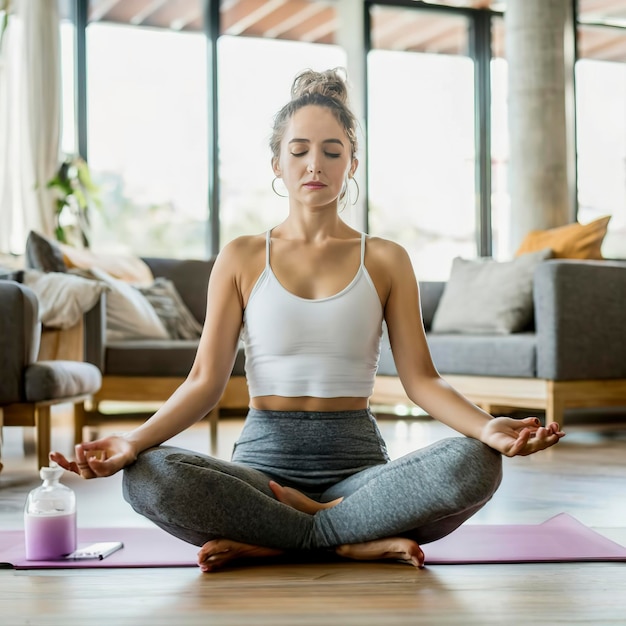 Schöne und junge Frau übt morgens zu Hause Yoga