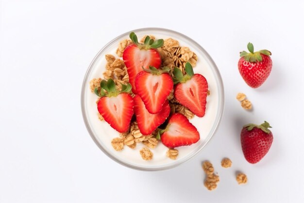 Schöne und köstliche frische hausgemachte Joghurt mit Erdbeeren Beeren und Getreide auf einem weißen