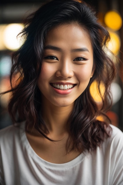 Schöne und lächelnde junge asiatische Frau mit weißem T-Shirt