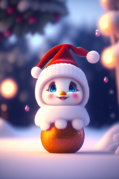 schöne und süße Weihnachtsmannpuppe mit verschneitem Hintergrund