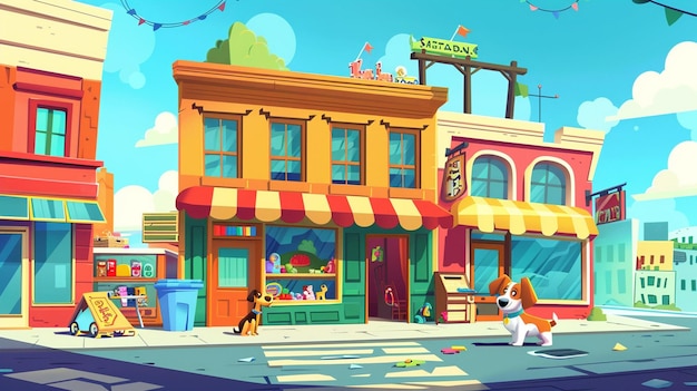 Schöne Vektor-Cartoon-Stadtstraßenecke mit bunten Gebäuden und einer lächelnden Ampel