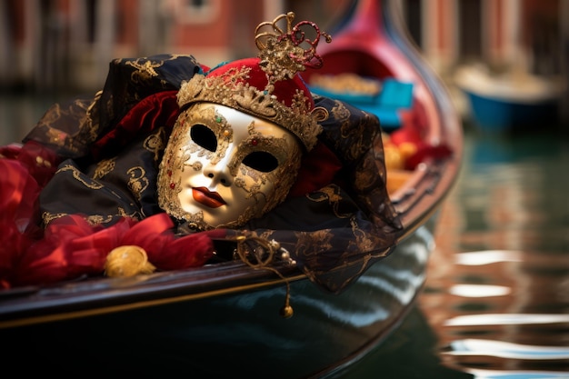 Schöne venezianische Maske auf einer Gondel in einem Kanal von Venedig