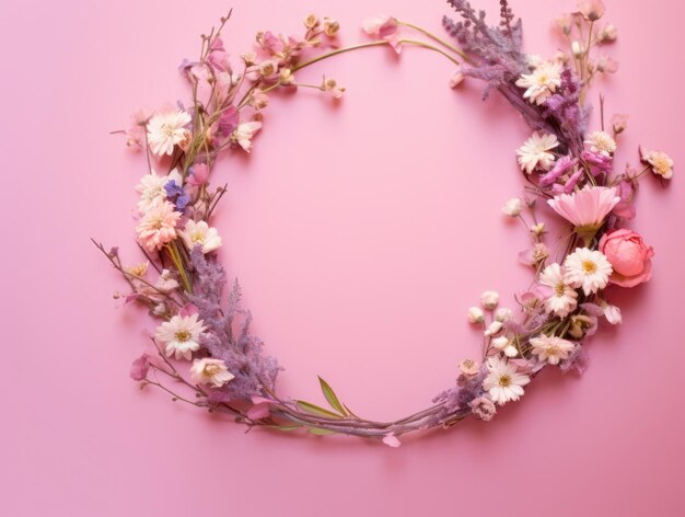 Schöne verschiedene kleine Blumen in einem Kranz auf rosa Hintergrund mit Kopierraum Generatives KI-Bild Weber