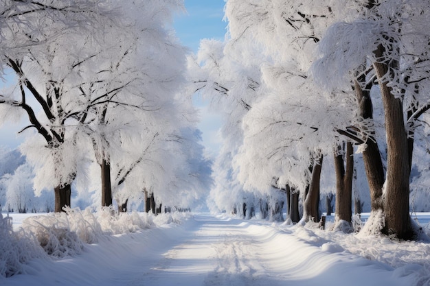 Schöne verschneite Landschaftsstraße im Wald zwischen den Bäumen Wintersaison Generative KI