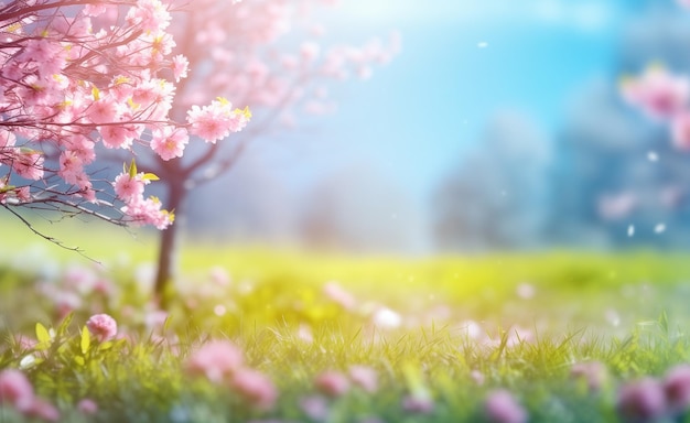 Foto schöne verschwommene frühlings-hintergrundnatur mit blühenden gleisbäumen und blauem himmel an einem sonnigen tag