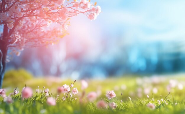 Schöne verschwommene Frühlings-Hintergrundnatur mit blühenden Gleisbäumen und blauem Himmel an einem sonnigen Tag