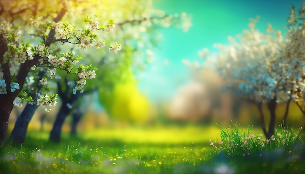 Schöne verschwommene Frühlingshintergrundnatur mit blühenden Lichtungsbäumen und blauem Himmel an einem sonnigen Tag