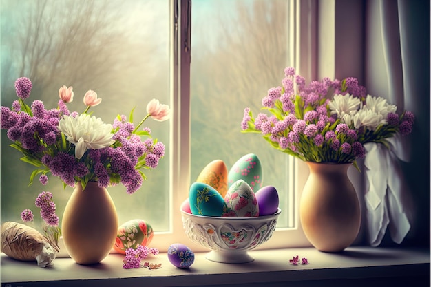 Schöne Vögel sitzen im Stocknest mit kleinen verzierten Eiern auf dem Hintergrund blühender Blumen und abstrakter Blumen- und Fenster-Osterferiendesign