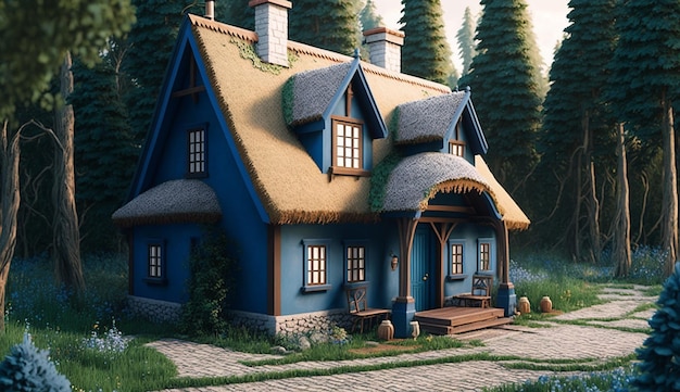 Schöne Waldlandschaft, blaue Kunst, Cottage-Hausbilder, AI-generiertes Bild