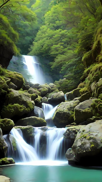 Schöne Wasserfall-Panorama-Landschaftsnatur-Landschaftsillustration