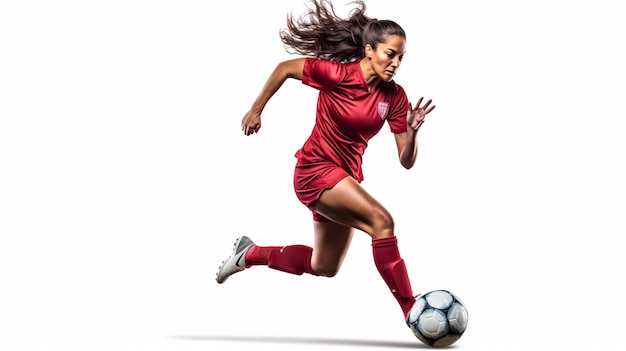 Schöne weibliche Fußballspielerin, die den Ball mit der Ferse tritt, isoliert auf weißem Hintergrund Frauenfußballkonzept