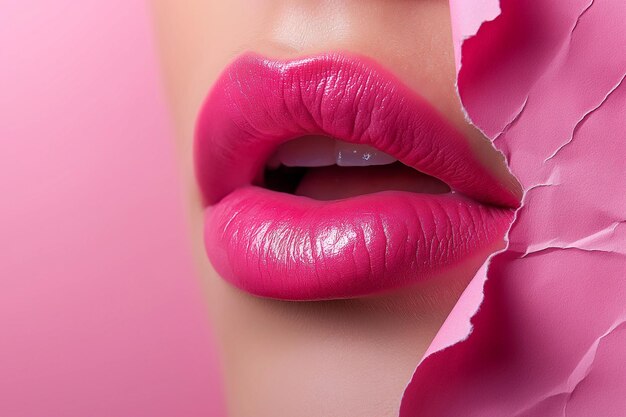 Foto schöne weibliche lippen mit rosa glänzendem lippenstift closeup-portrait