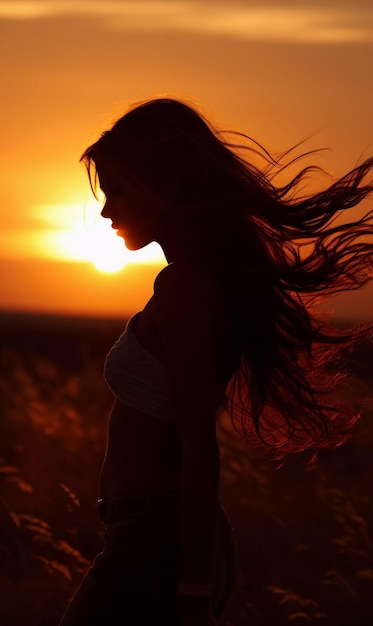 Schöne weibliche Silhouette vor dem Hintergrund eines hellen Sonnenuntergangs
