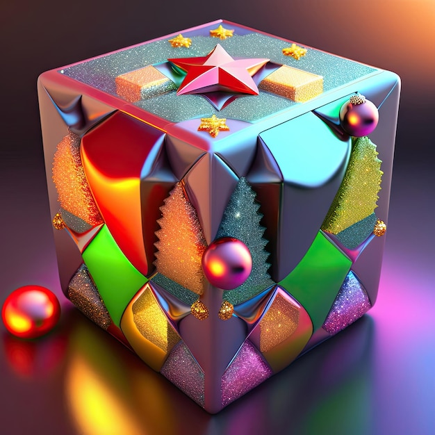 Schöne Weihnachtsdekoration 3D-Würfel mit leuchtenden Weihnachtsdekorationen Digitale Kunst