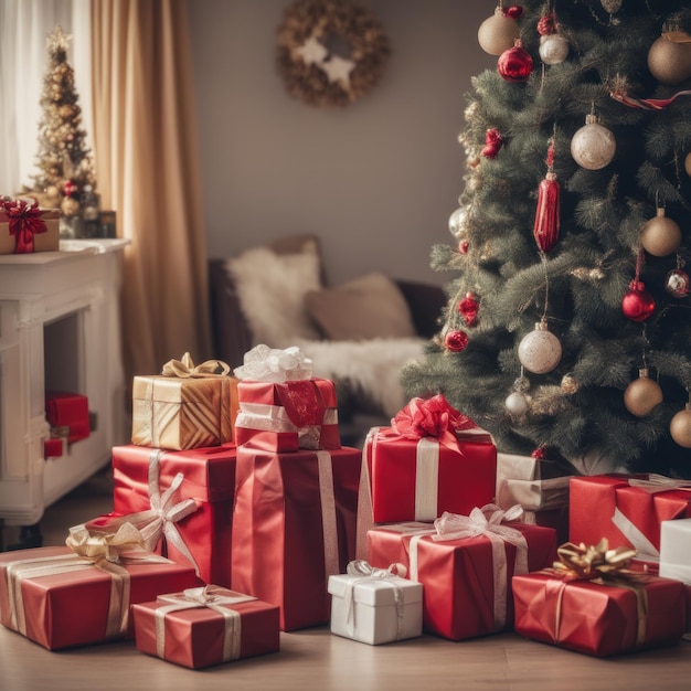 Schöne Weihnachtsgeschenke unter dem Baum im neujahrsgeschmückten Hausinnenraum