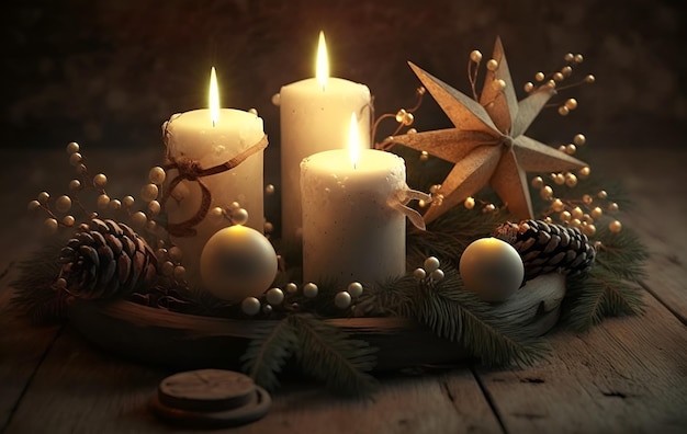 Foto schöne weihnachtskomposition mit brennender weißer kerze